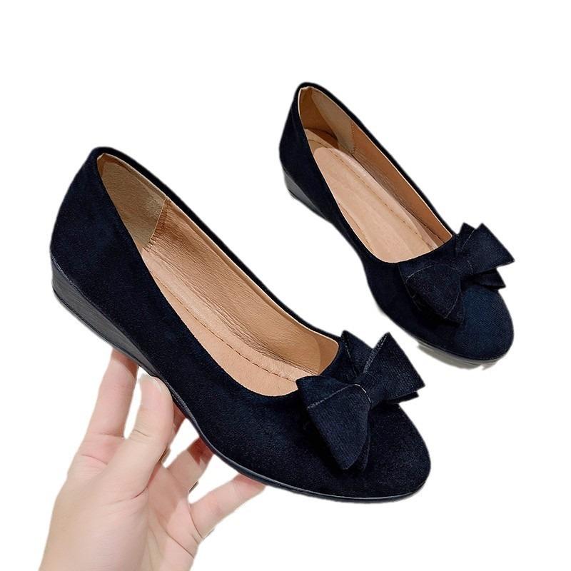 Large size flat-bottomed casual single shoes for women's spring and autumn new suede bow round head beanie shoes for women