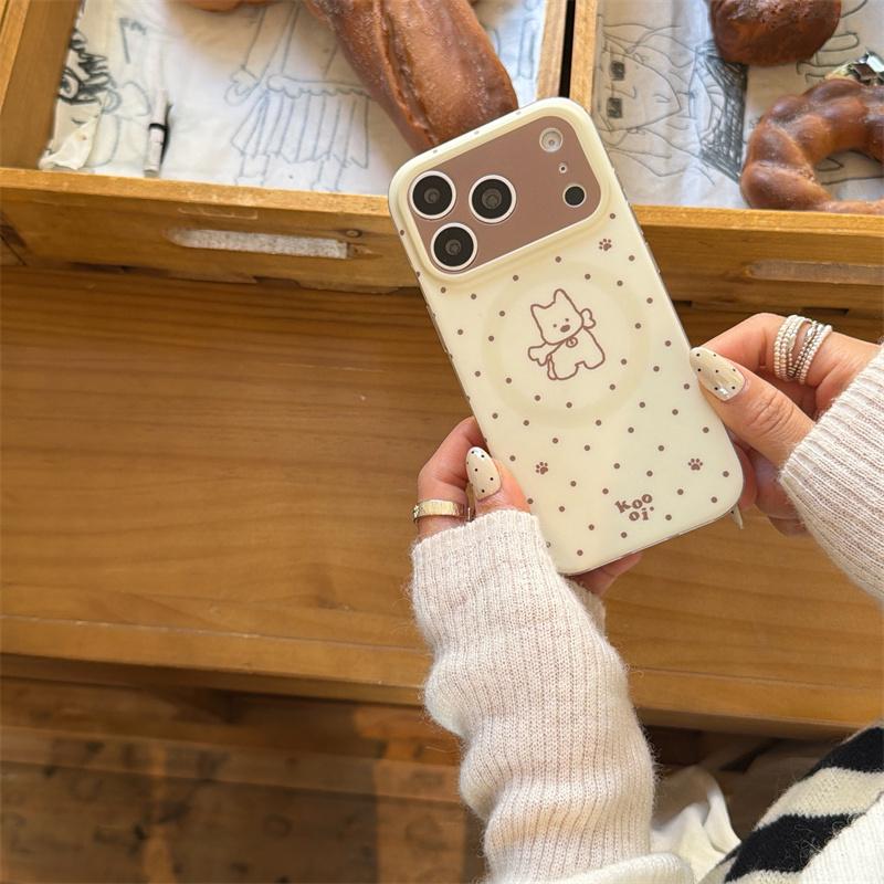Magnetic Double Layer Beige Polka Dot Puppy Phone Case For iPhone 17 Pro 16 15 14 17 Pro Max Shockproof Cover Girl 17pro