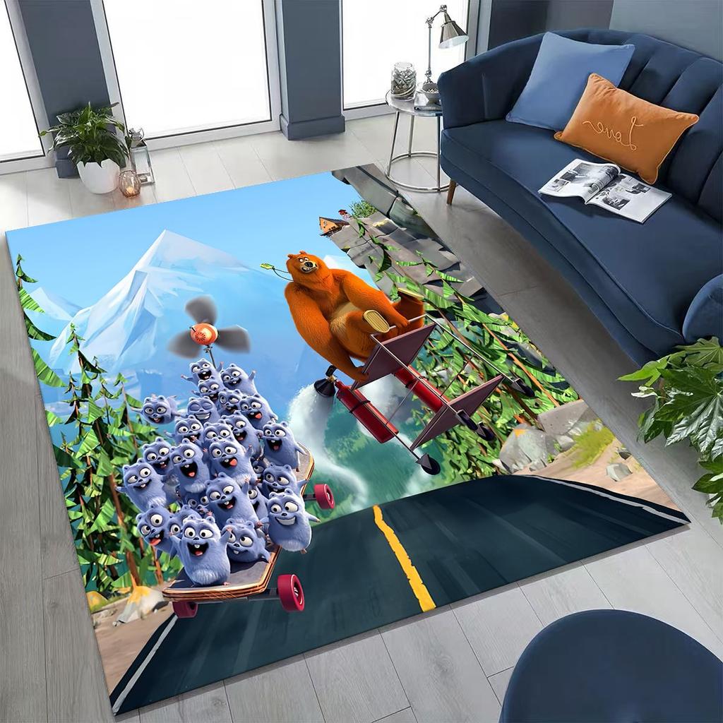 Covor amuzant Grizzy și Lemingii Desen Animat pentru Dormitor Sufragerie Canapea Preș de Intrare Decor, Covor Mare Non-alunecos pentru Joacă Copii