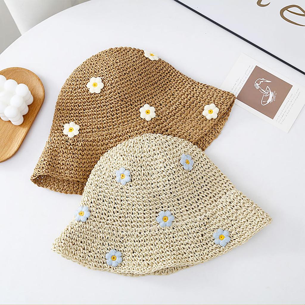 Sweet Flower Straw Hat For Women Summer Hollow Brethable Wide Brim Sunshade Foldable Fisherman Cap Girl Travel Outdoor Basin Hat