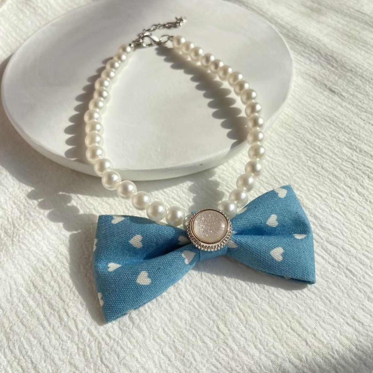 

Denim Bow Pet Pearl Necklace Cat Dog Korean Temperament Neck Accessories Adjustable Love Printing S:27.5+5cm