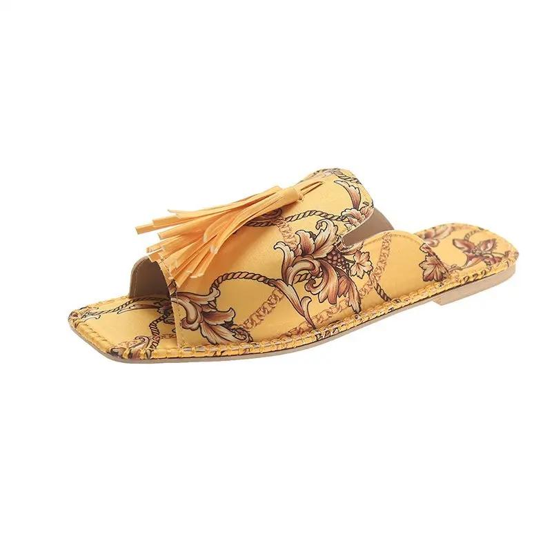 Fashion 2024 New Large Slippers Retro Printed Silk Square Head Flat Bottom Casual Cool Slippers Fairy Style