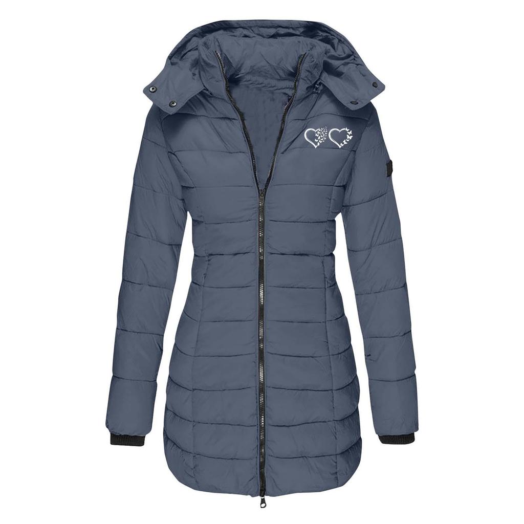 Evropská velikost Dámský zimní bavlněný kabát střední délky s kapucí - Slim střih, Jednobarevný, s tištěnými detaily