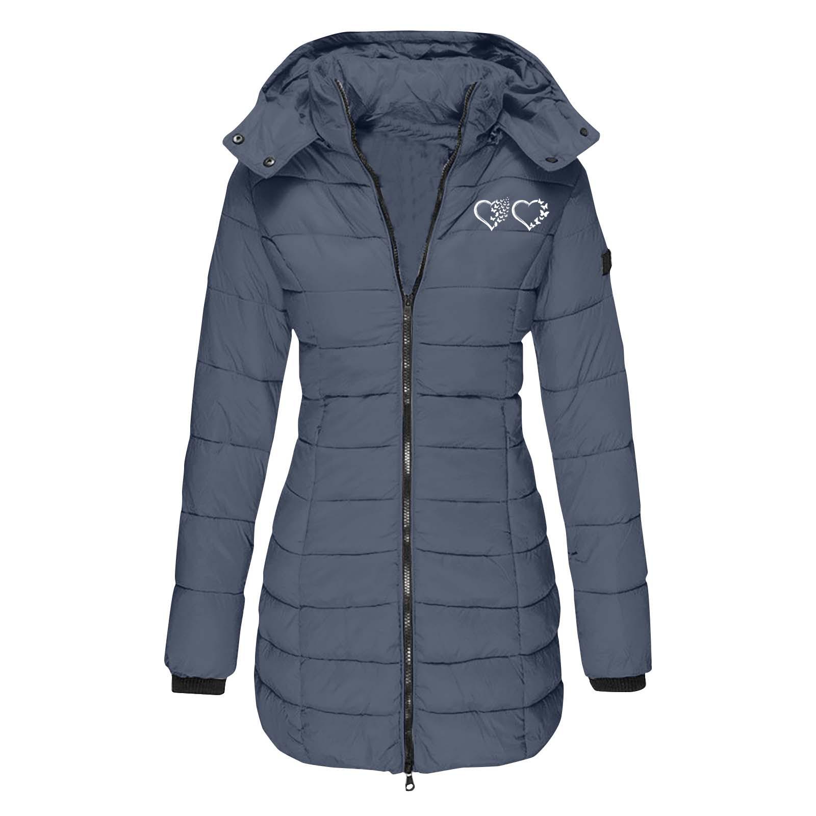 

Жіноче зимове бавовняне пальто середньої довжини з капюшоном європейського розміру - Приталене, однотонне, з друкованими деталями XXXL темно-синього кольору