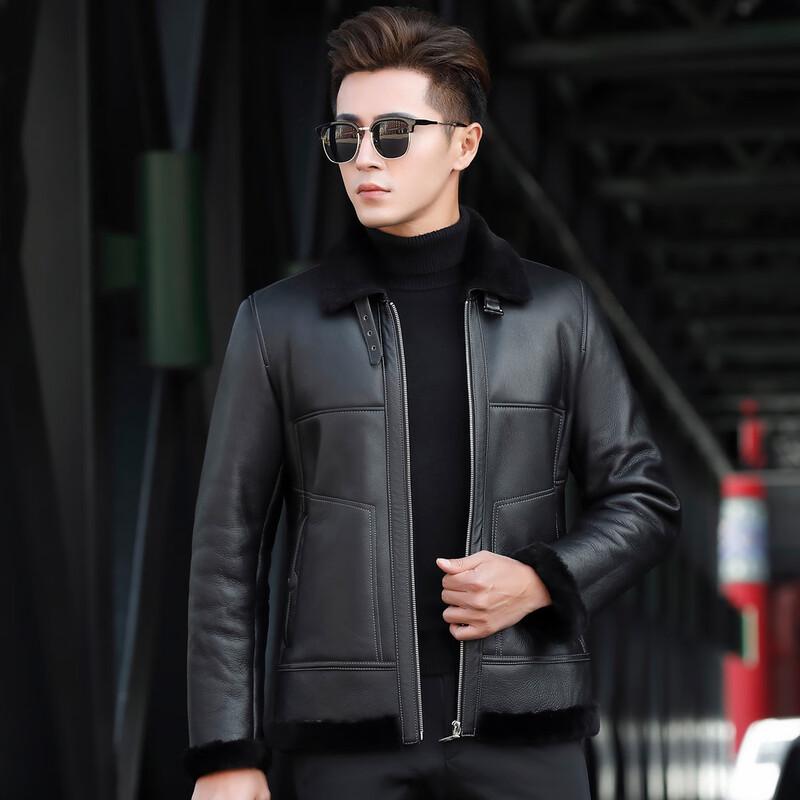 Men's Winter Shearling Leather Biker Jacket with Lapel