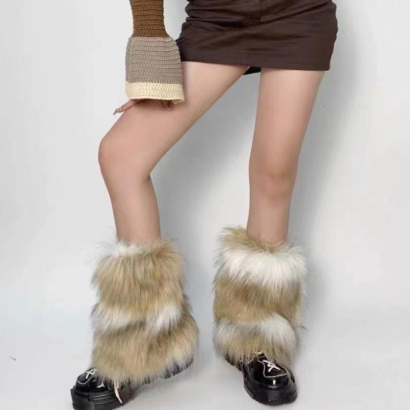 Retro Modern Brown Fur Shoe Covers Imitation Fur Boots Socks Millennial Style Hot Girl Leg Covers Autumn and Winter