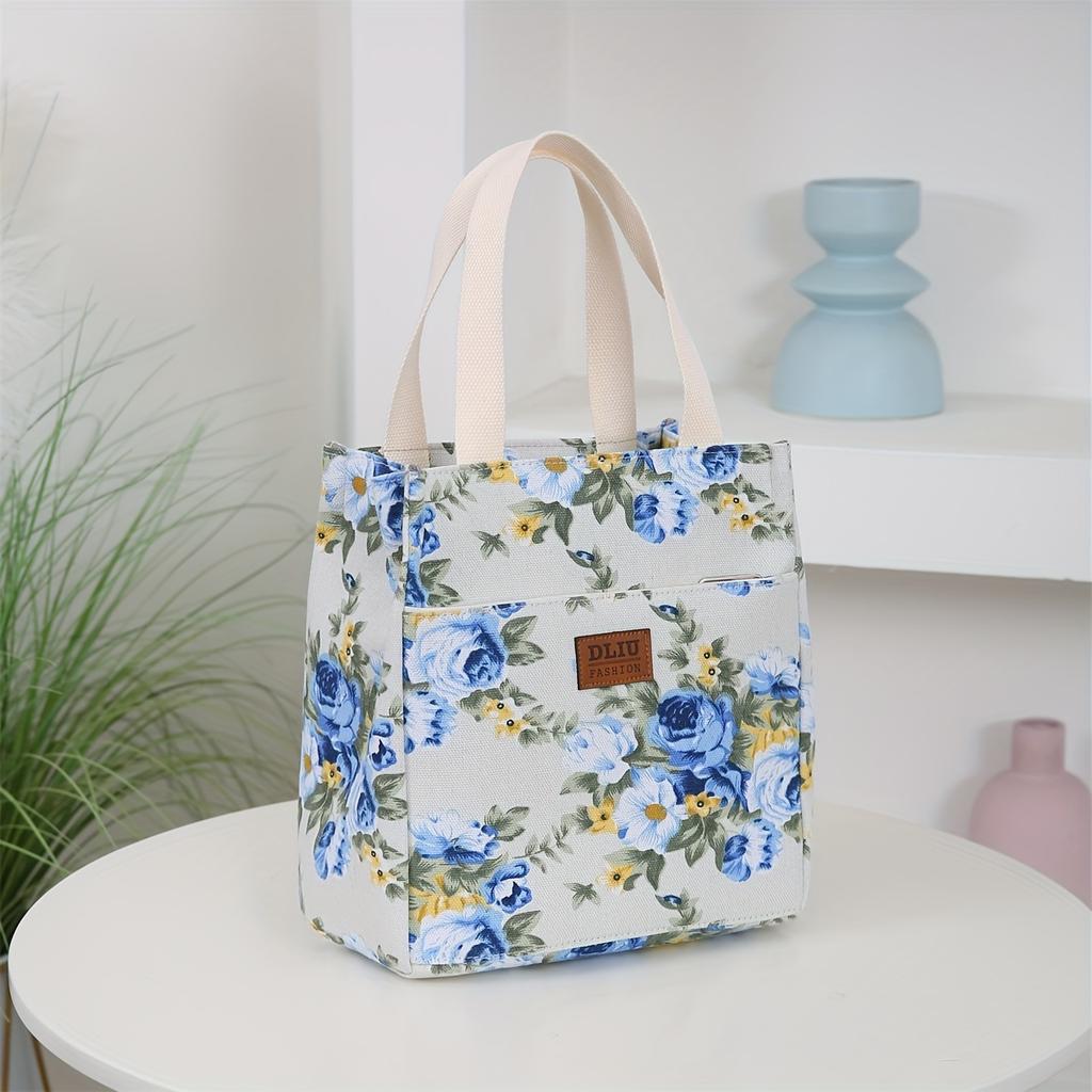 Vintage Floral Fabric Handbag - Thickened Work Tote with Front Zipper Pocket, Portable Cup Box Storage Bag, Semi-Sealed with Zipper Closure