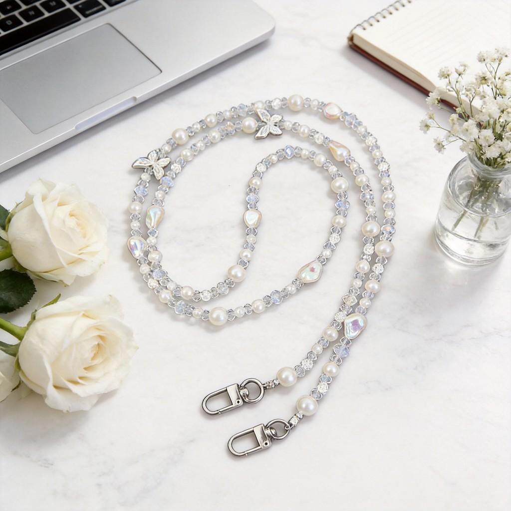 Pvc Pearl Butterfly Phone Lanyard With Beaded Chain For Women And Men