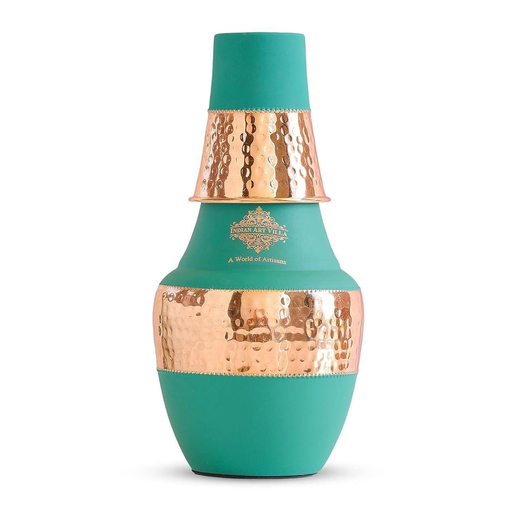 Pure Copper Printed Drinkware with Ayurvedic Health Benefits, Inbuilt Glass, Bedroom Water Bottle for Storage Purpose Set of 1