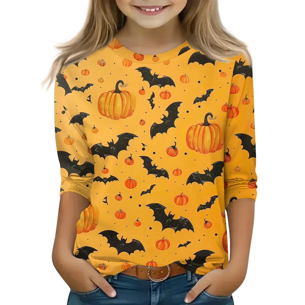 Children's 3/4 Sleeve Tops Casual Halloween Print T Shirt Round Neck Pullover Blouse