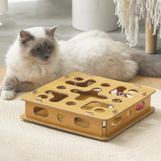 Cat Enrichment Maze Box Nail File Box with 4 Bell Balls Interactive Puzzle Toy Scratch Enrichment Box Improves Intelligence