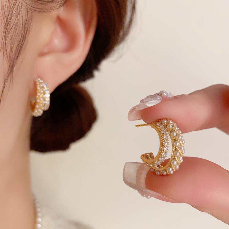 

Korean Retro Style Zircon Pearl Double Layer Hoop Earrings