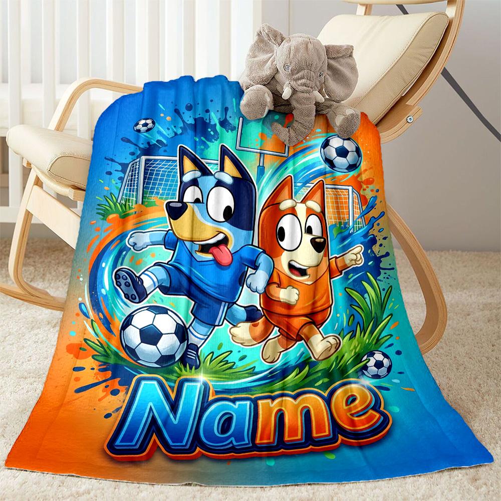 Bluey's Soccer Fun Personalized Name Blanket Cozy Customizable Blanket Ultra-Soft Versatile for Home Decor Chair Office Livingroom for All Occasions