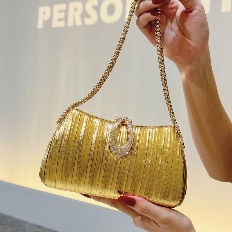 

Elegant Gold Pleated Evening Crossbody Bag for Socialites