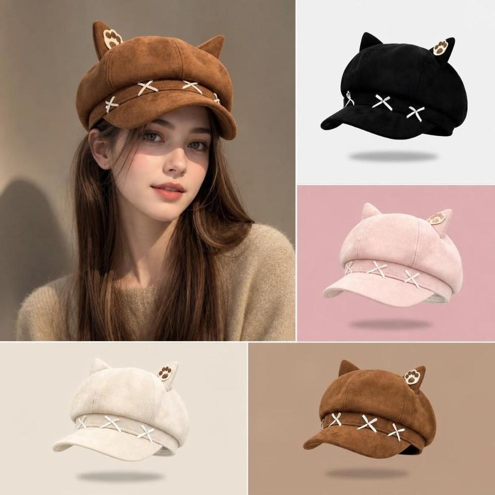 Schleife Wintermütze Katzenohren Achteckige Mütze Mode Maler Barettmütze Damen