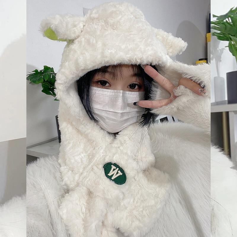 Lamb Ears Hat Scarf Integrated Women's Autumn and Winter Cute Plush Warm Ear Protector Versatile Sweet Pullover Hat