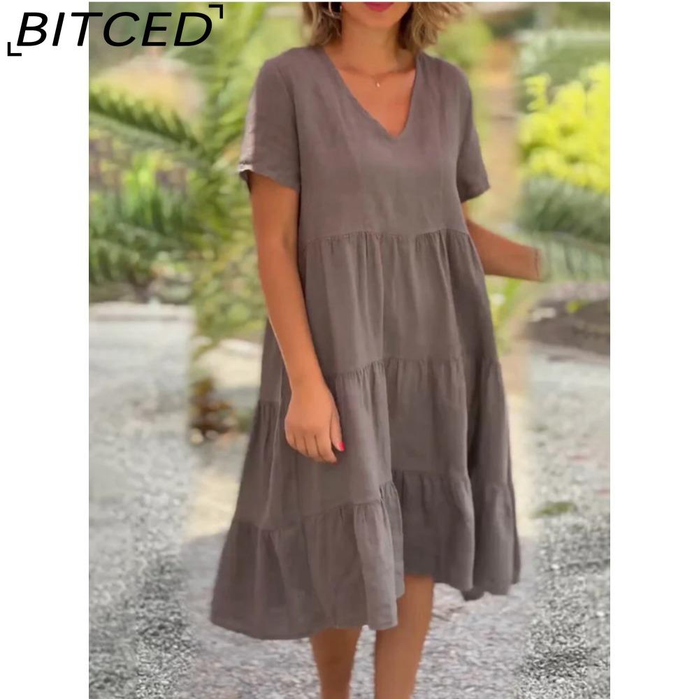 BITCED Women Fashion Summer Spring Fresh and Cute Solid Color Print Short Sleeve V-neck Big Loose Casual Dresses