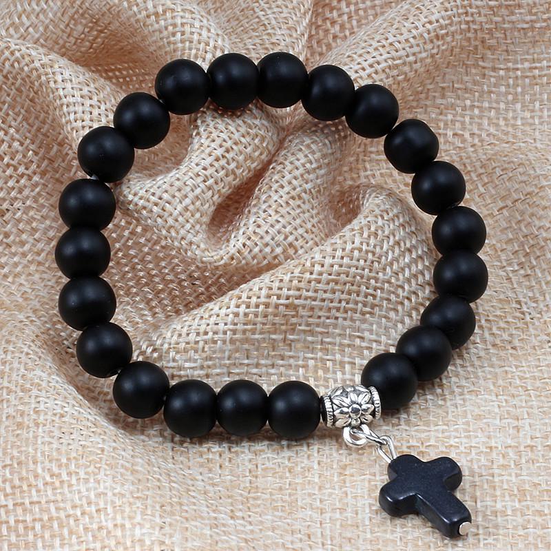Turquoise Lava Stone Cross Pendant Bracelet with Elastic Cord