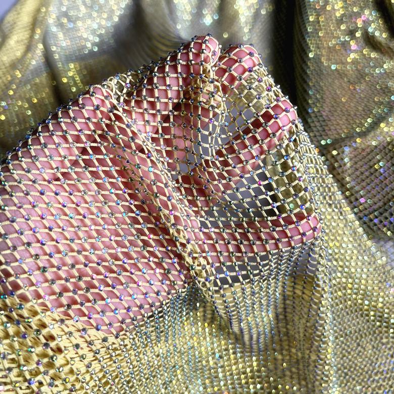 Luxury AB Color High Gloss Elastic Diamond Mesh Fabric Sewn with Satin Belt Mesh Lace Fabric DIY Dress Clothing High-end Fabrics