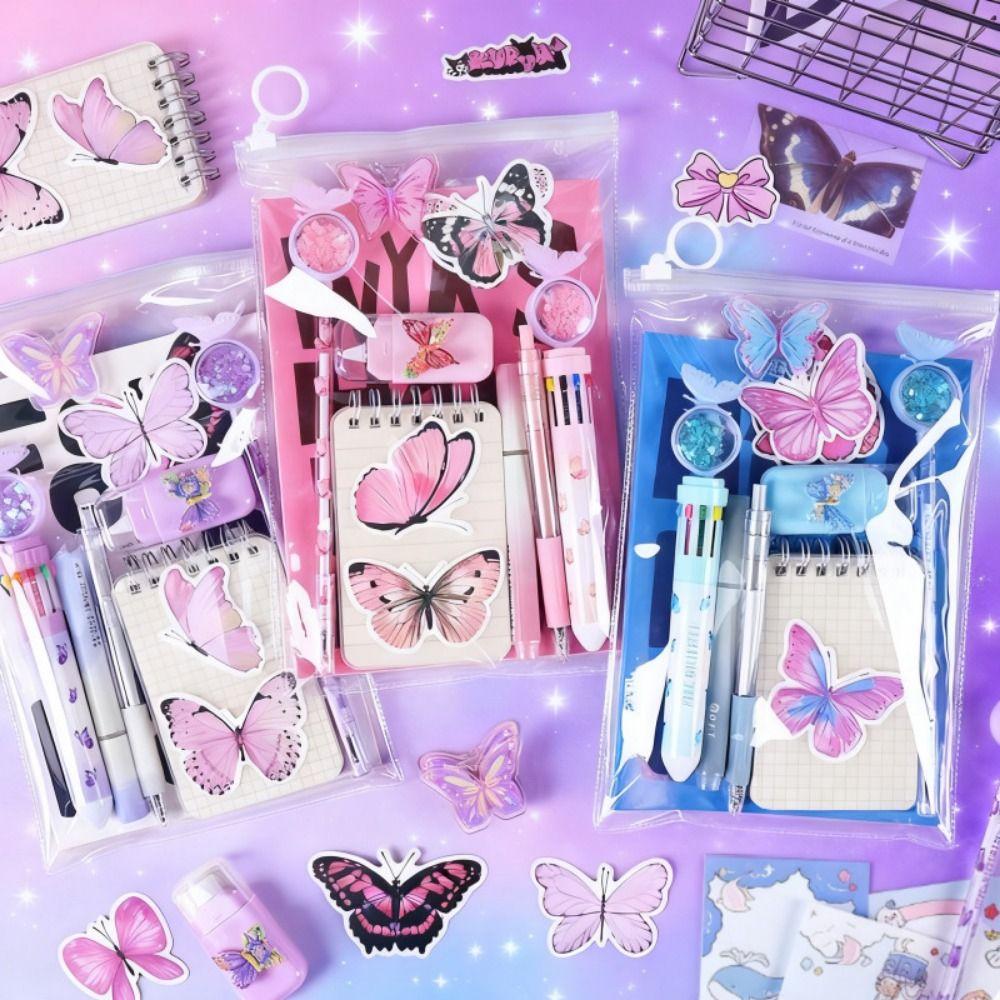 9 In 1 Butterfly Stationery Set INS Highlighter Pen Study Stationery Gifts Pencils Erasers Ballpoint Pen Office Stationery Kit