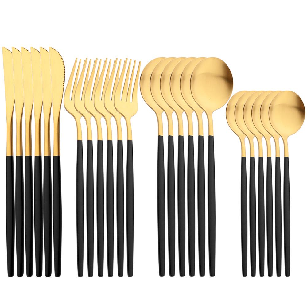 JANKNG 24Pcs Matte Dinnerware Golden Knife Fork Dessert Spoons Flatware Set Stainless Steel Cutlery Set Kitchen Silverware Set