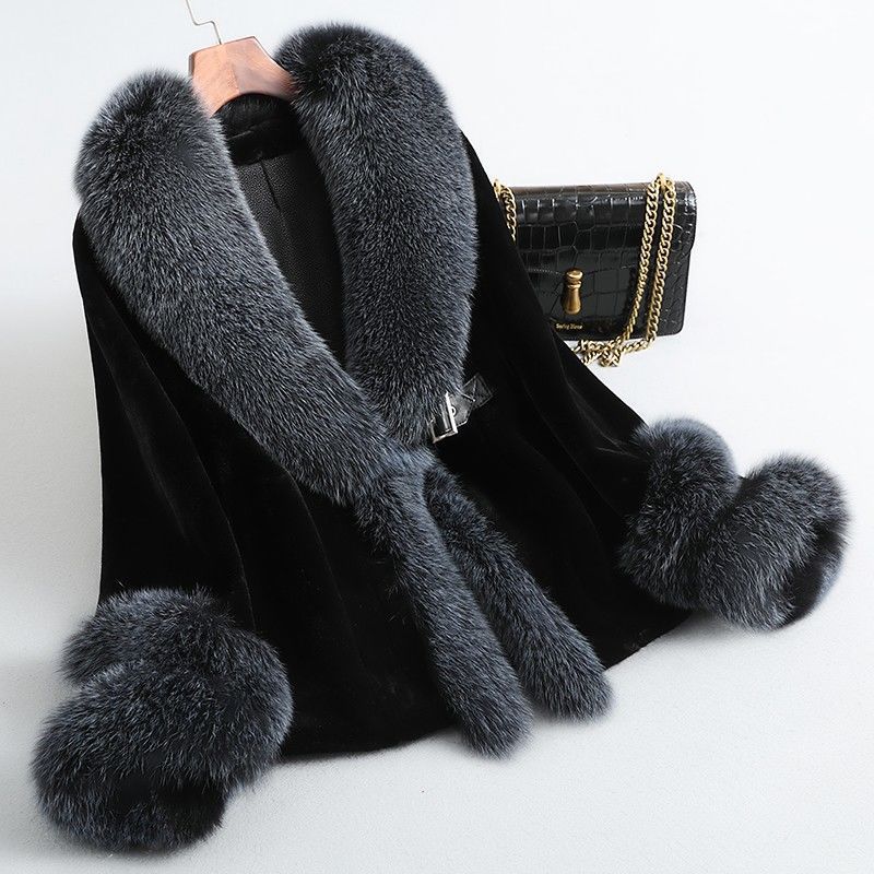 

Зимняя новая шуба из искусственного норкового бархата, женская короткая шуба с воротником из искусственного меха лисы, меховое пальто для мамы 3XL [130-75kg] чёрный