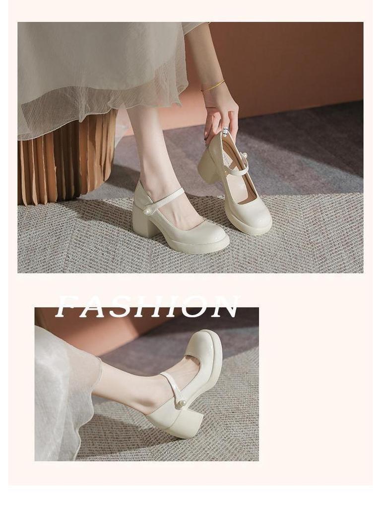 White Chunky Sole Mary Janes - Women's Spring/Autumn 2025 High-Heel Elevating Leather Shoes
