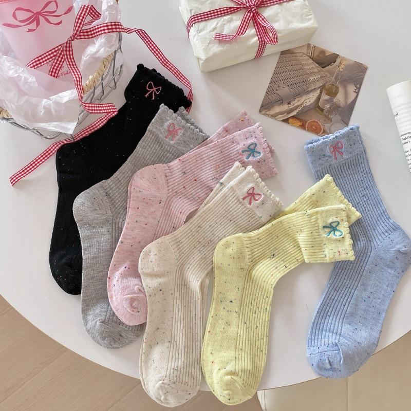 Female Spring and Summer Thin Idea Yarn Bow Embroidery Lace In The Tube Pile Socks