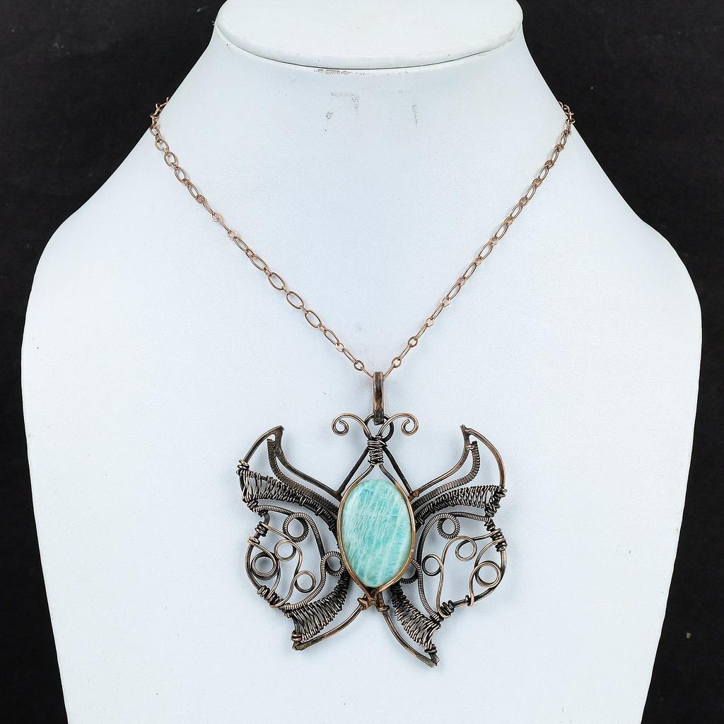Amazonite Pendant Copper Wire Wrapped Jewelry Butterfly Gemstone Pendant Amazonite Jewelry Handmade Copper Wire Wrap Pendant Gifts For Him