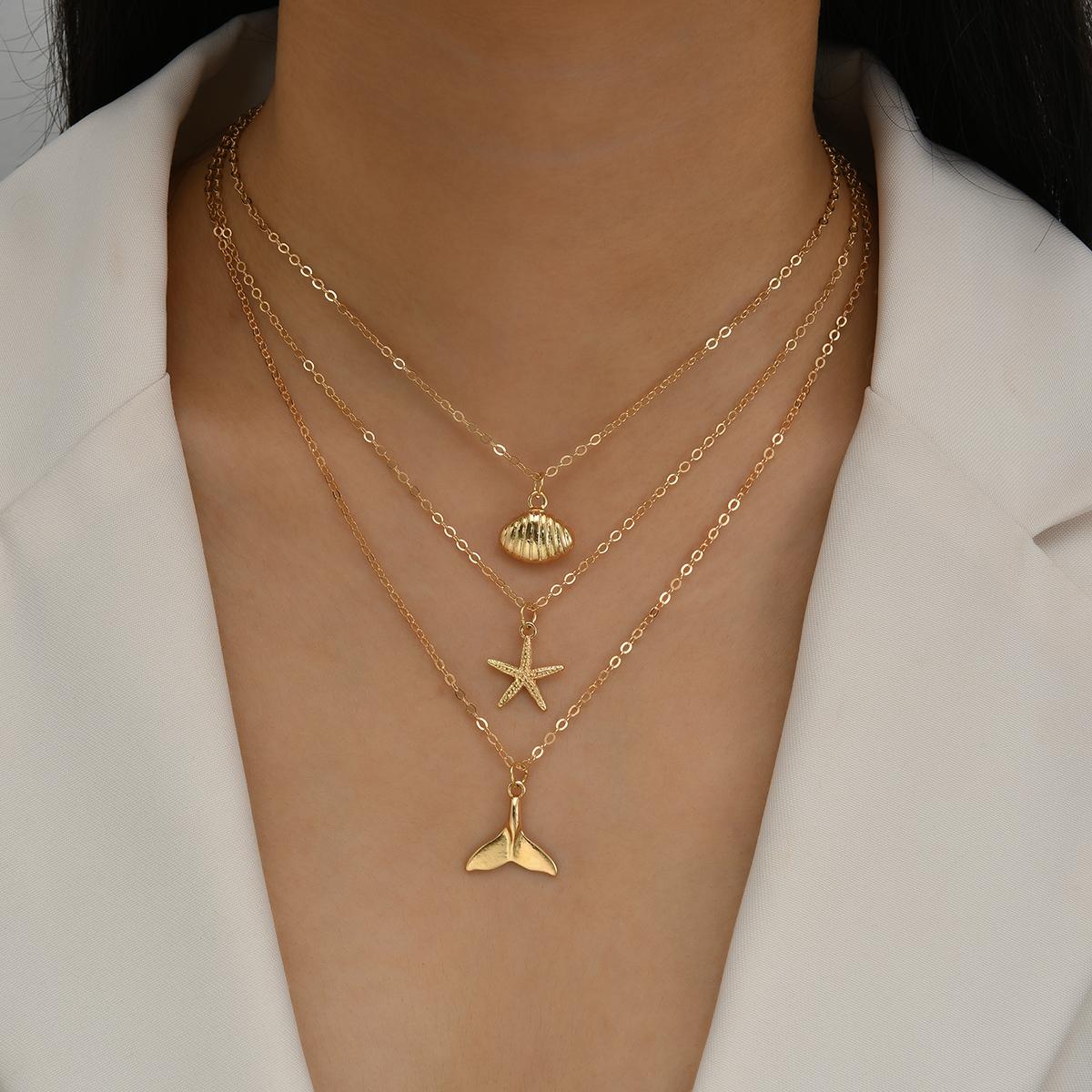 

3PCS Fashion Vintage Starfish Shell Fishtail Necklaces For Women Simple Gold Color Pendant Necklaces Summer Beach Party Jewelry