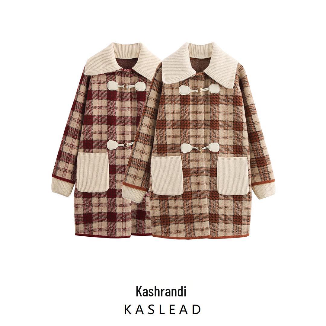 

2024 Fall Women s Knit Plaid Cardigan with Detachable Double-Layer Collar One Size