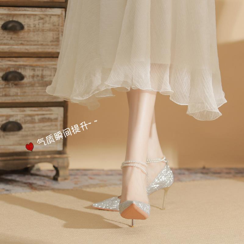 86108 Silver High Heels Women's Stiletto Spring 2025 New Pointed Crystal Wedding Shoes Pearl Strap Single Shoes