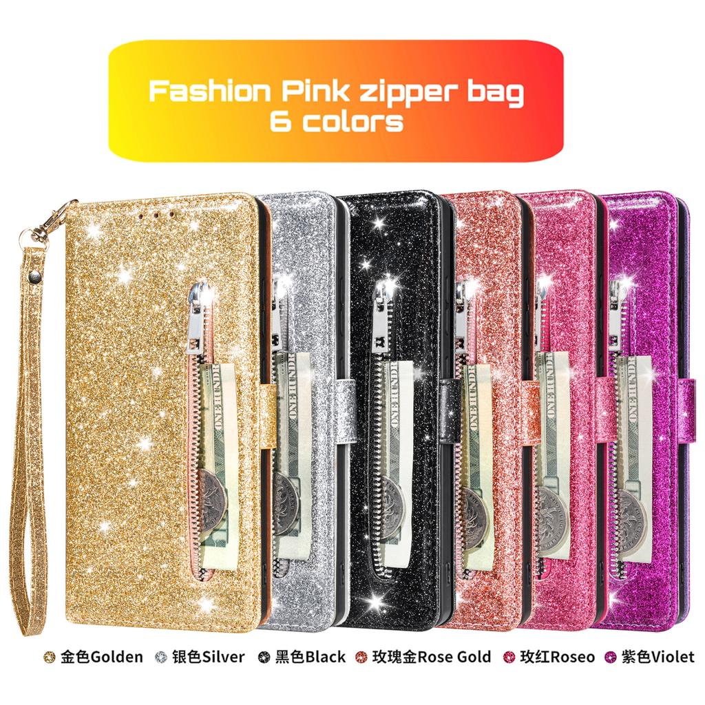 Zipper Cute Glittering Wallet Cards Solt Phone Case For Samsung S26 Ultra S25 Plus S24 S23 A36 A56 Flip Strong Magnetic Cover