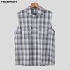 INCERUN Men Lapel Sleeveless Gradient Plaid Print Casual Shirts Tank Tops