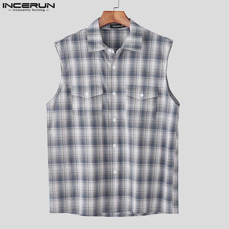 INCERUN Men Lapel Sleeveless Gradient Plaid Print Casual Shirts Tank Tops