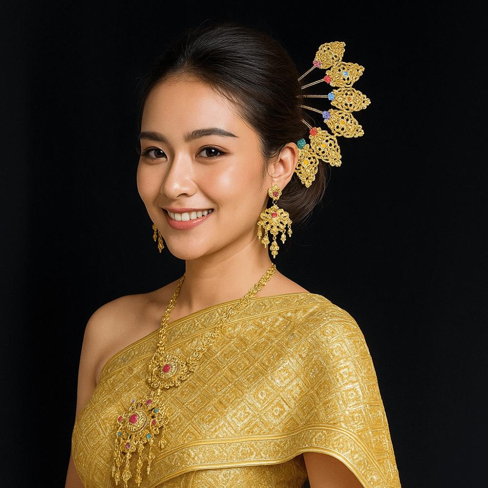 Gold Thai Metal Leaves Hairpin Rhinestone U-shaped Hair Fork Classical Thai Hair Sticks Daily