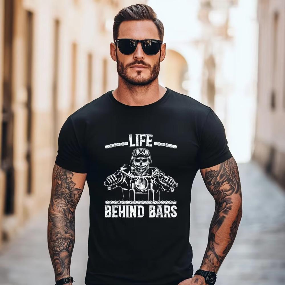 

Футболка с изображением байкера и мотоцикла Life Behind Bars, мужская одежда, повседневная футболка с коротким рукавом и круглым вырезом, летние футболки унисекс S чёрный