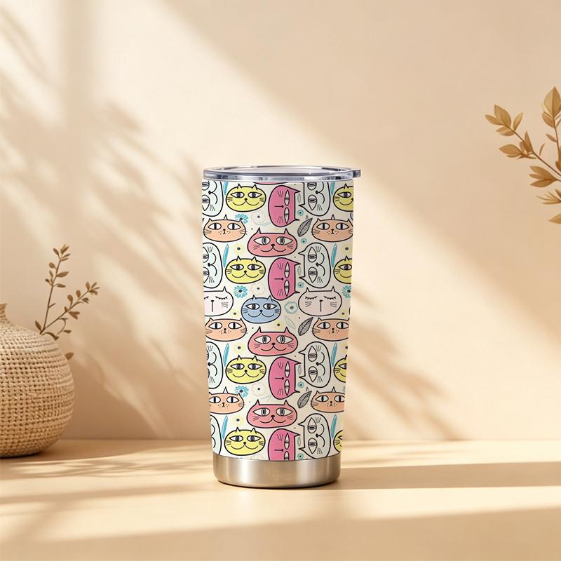 Car Tumbler 591ml Cat Avatar Floral Element Straw Cup Hot Cold Cup 20oz Car Straw Cup Straight Tumbler Insulated Travel Cup