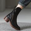 Autumn Coarse Heel Brown Short Boots Women's British Side Zipper High Heel Brushed Vintage Round Martin Boots