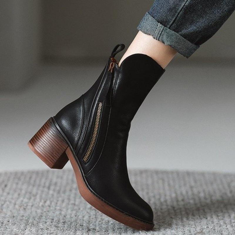 Autumn Coarse Heel Brown Short Boots Women's British Side Zipper High Heel Brushed Vintage Round Martin Boots