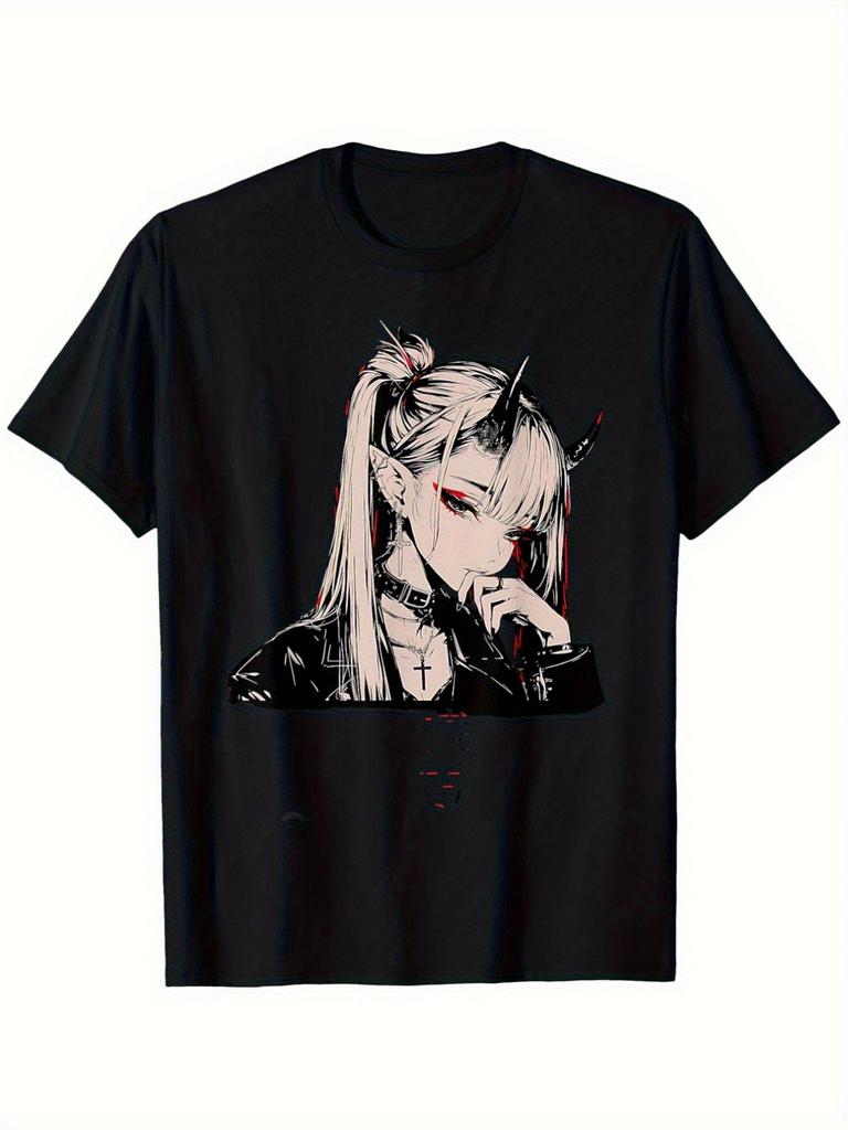 ShortSleeve Shirt Featuring a Gothic Trash Rock Demon Anime Girl with a Horror Aesthetic.suitable for Spring Summer and Autumn Daily, PLUS SIZE
