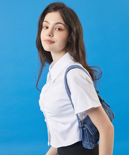KOLEAT Women Shirred Crop Short Sleeve Shirt [White]