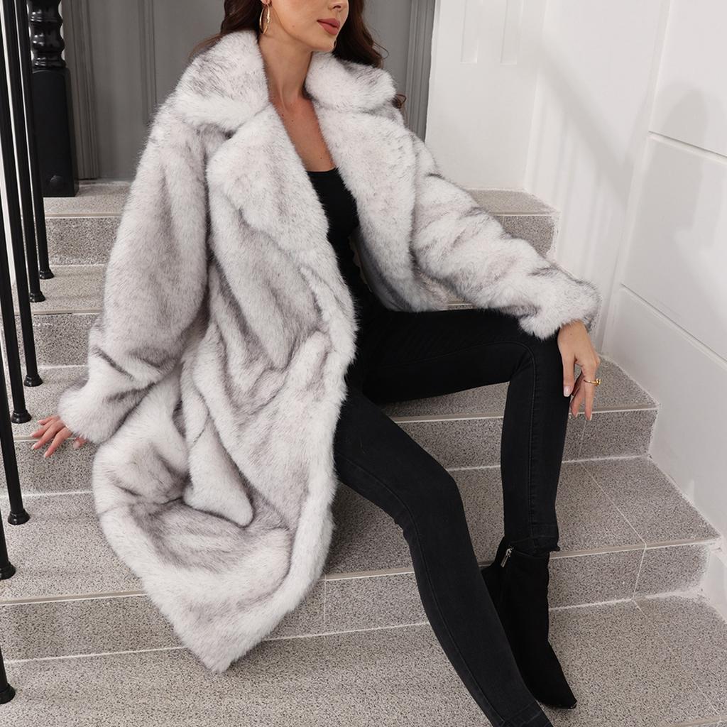 Women's Fashionable Warm Long Sleeve Solid Color Furry Long Coat With Turned Collar