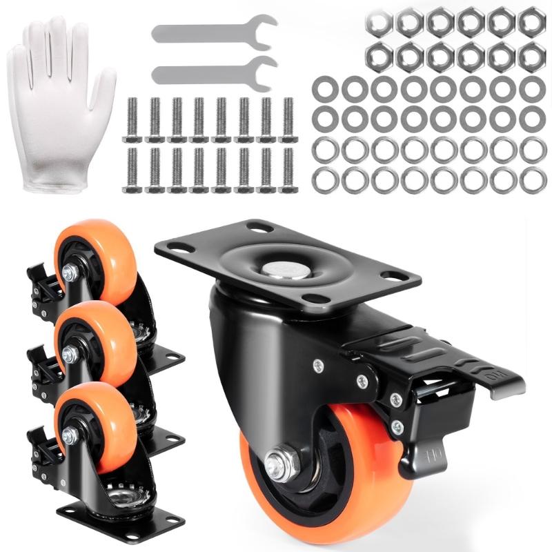 Upgrades PVC Noise Reducing Swivels Plate Casters with Brake Mechanism Quiet Operate PVC Casters with Secure Brakes