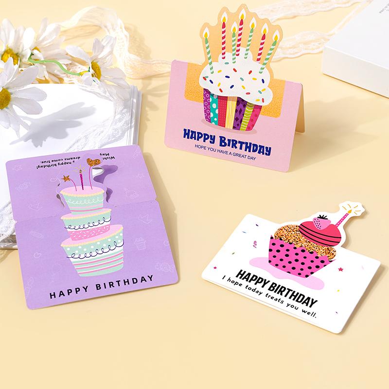 10 Birthday Cards, 3D Small Size Cartoon, Simple Folding, Handwritten Blessing Message, Birthday Card