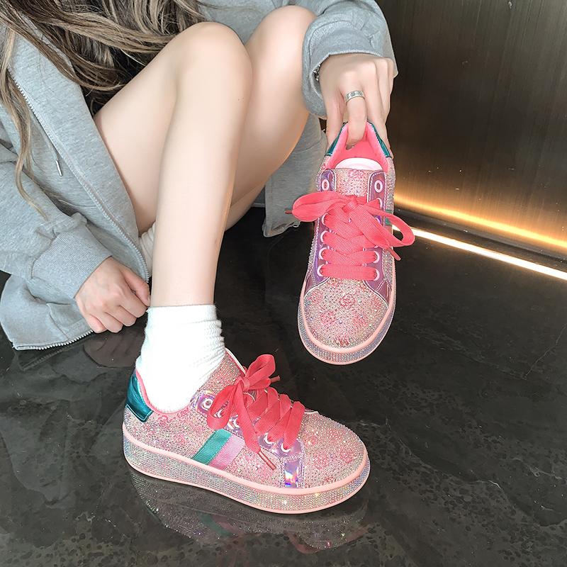 fashion Autumn Women's Vulcanize Shoes Round Toe Flat Shoes for Women Lace-up Platform Sneakers Outdoor Low Top Bling Fairy Style Shoes