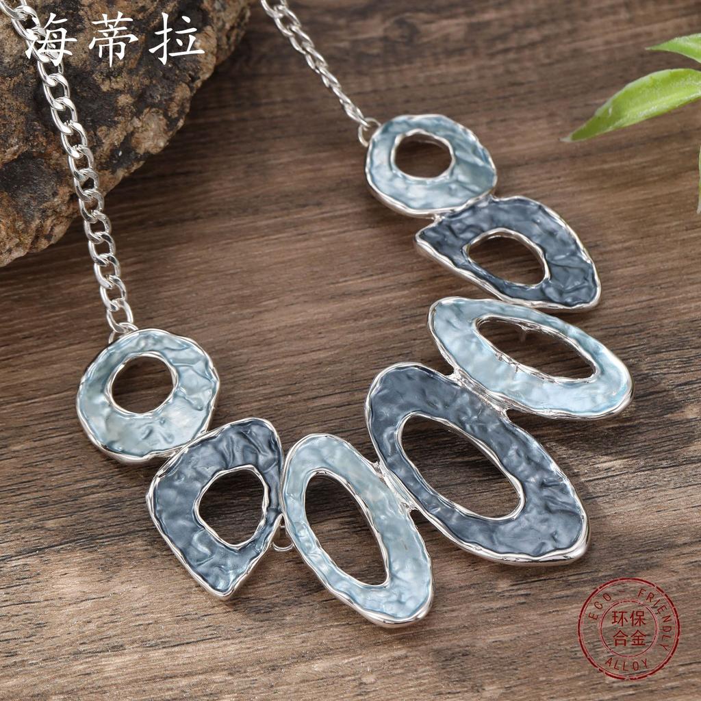New Color Painting Oil Hollow Oval Geometric Necklace Personality Exaggerated Women's High Sense Irregular Neck Chain