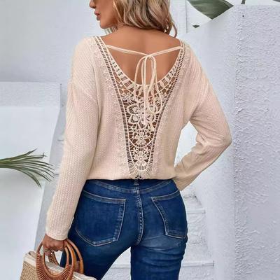 Herbst/Winter Elegantes Damen V-Ausschnitt Stitching Fashion Lace Back Tie Bow Langarm T-Shirt Top