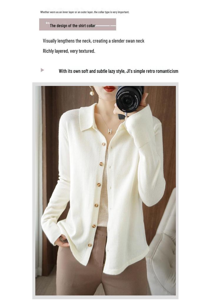 Women's Wool Cardigan with POLO Collar - Long Sleeve Sweater for Spring & Autumn