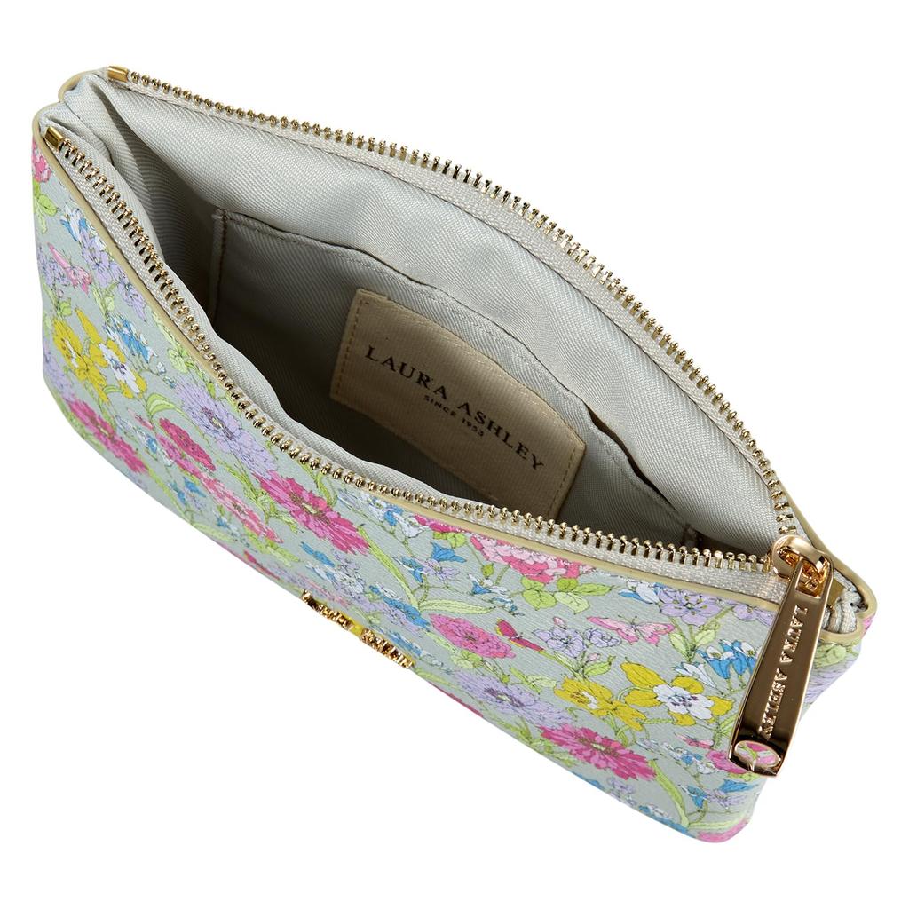 Laura Ashley Gilly Pouch, a cute and stylish accessory case for women, with a floral and botanical design, in elegant light gray.